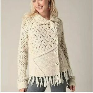 Free People Crochet Asymmetrical big Button wool blend fringe accents Cardigan